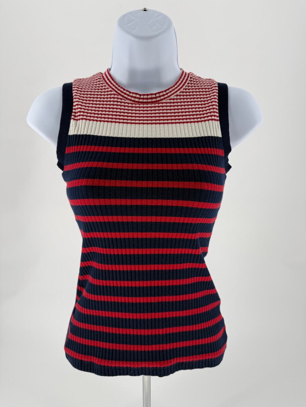 BLUED Womens XS Ribbed Knit Tank Top Navy Red Stripe Sleeveless Stretch Preppy